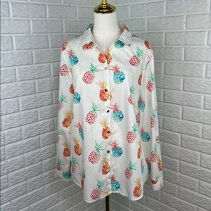 CHICO’S PINEAPPLE BUTTON UP NO IRON BLOUSE GOLD BUTTONS ROLL UP SLEEVES SZ 3